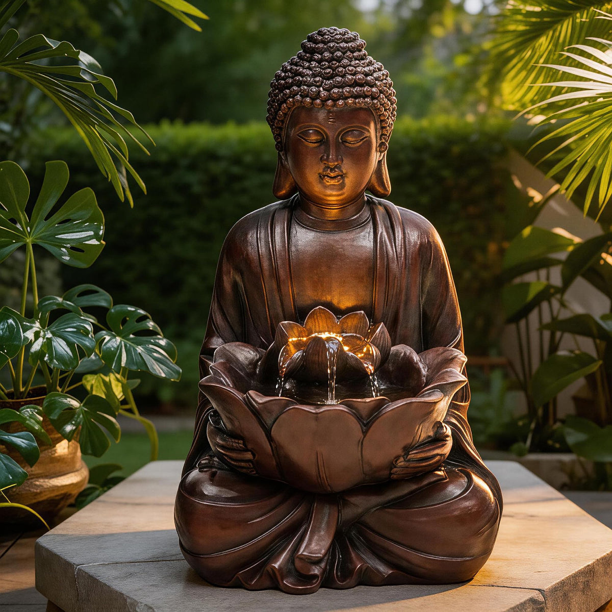 Autodaya Buddha fountain with LED lighting for warm, enchanting evenings.