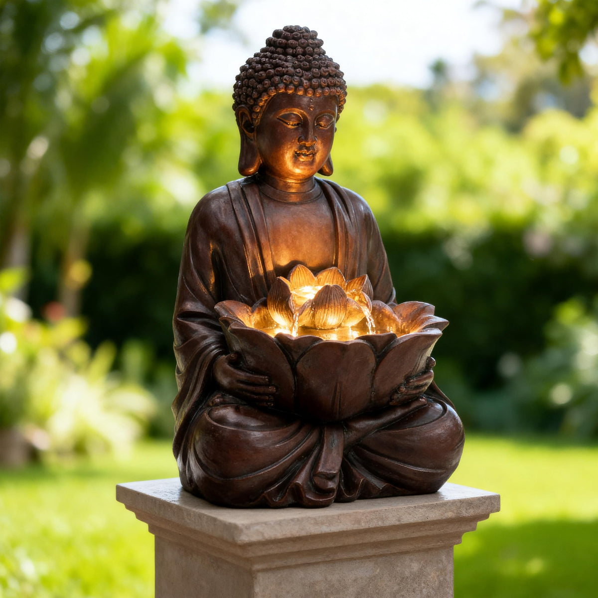 Autodaya Buddha outdoor fountain with bronze finish creates calming garden ambiance.
