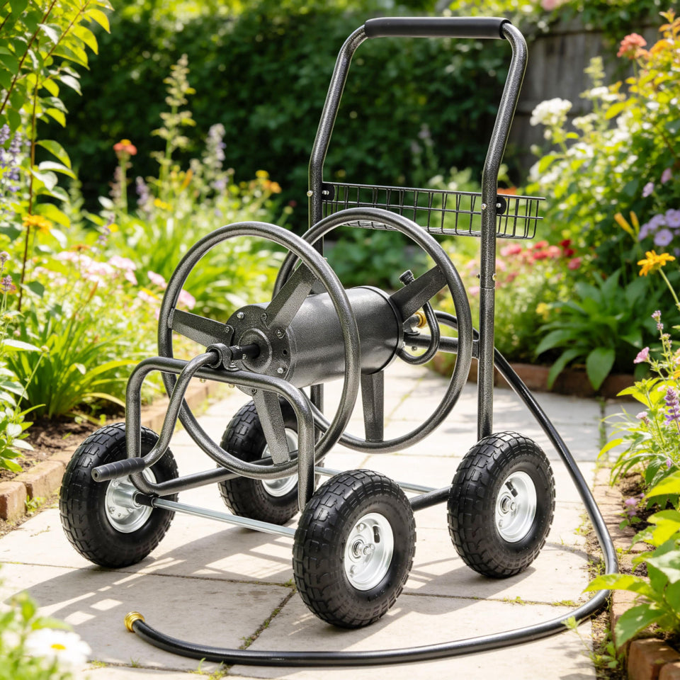Autodaya garden hose reel cart side view showing 250 ft capacity for tidy storage