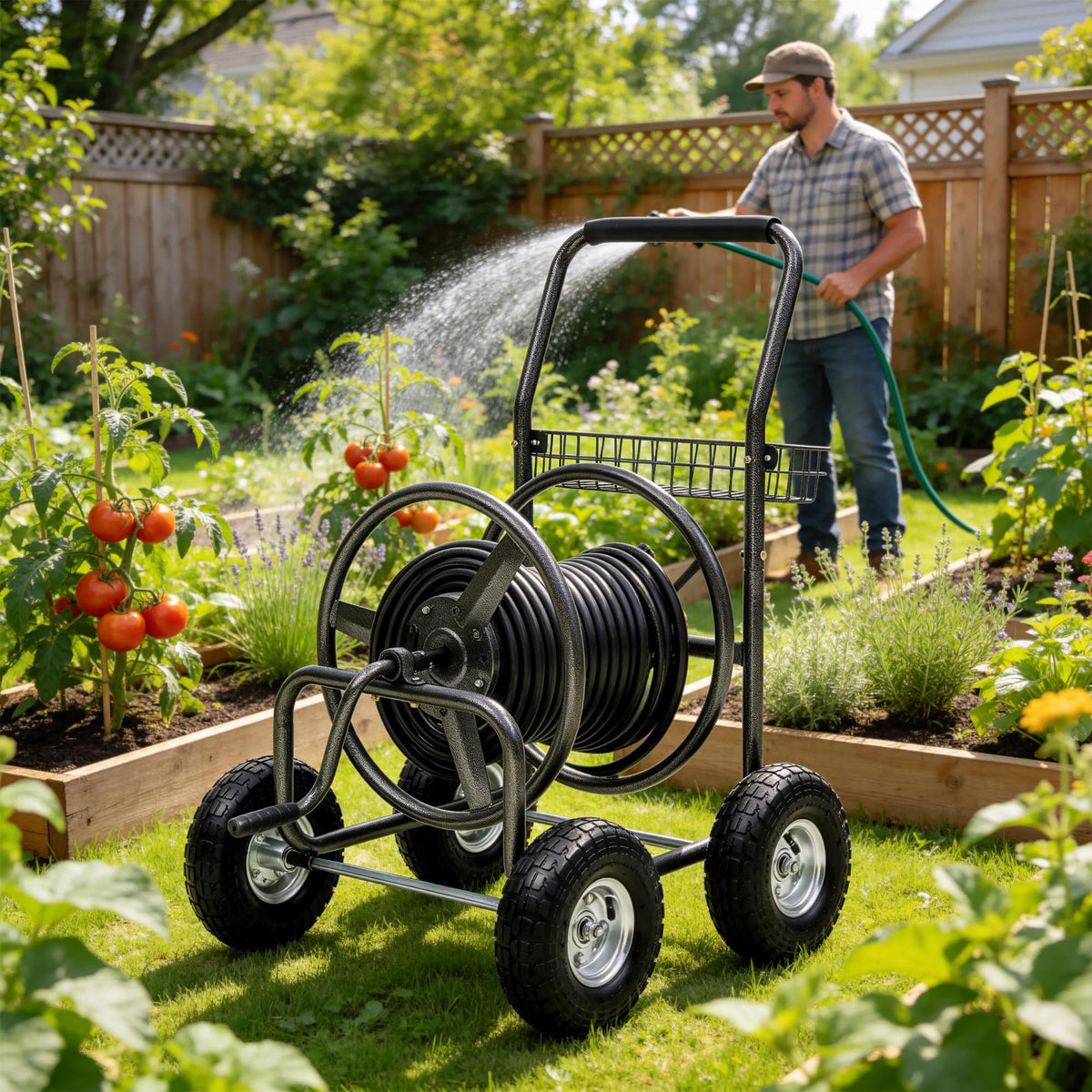 Autodaya hose reel cart close-up of 10-inch pneumatic tires for smooth movement