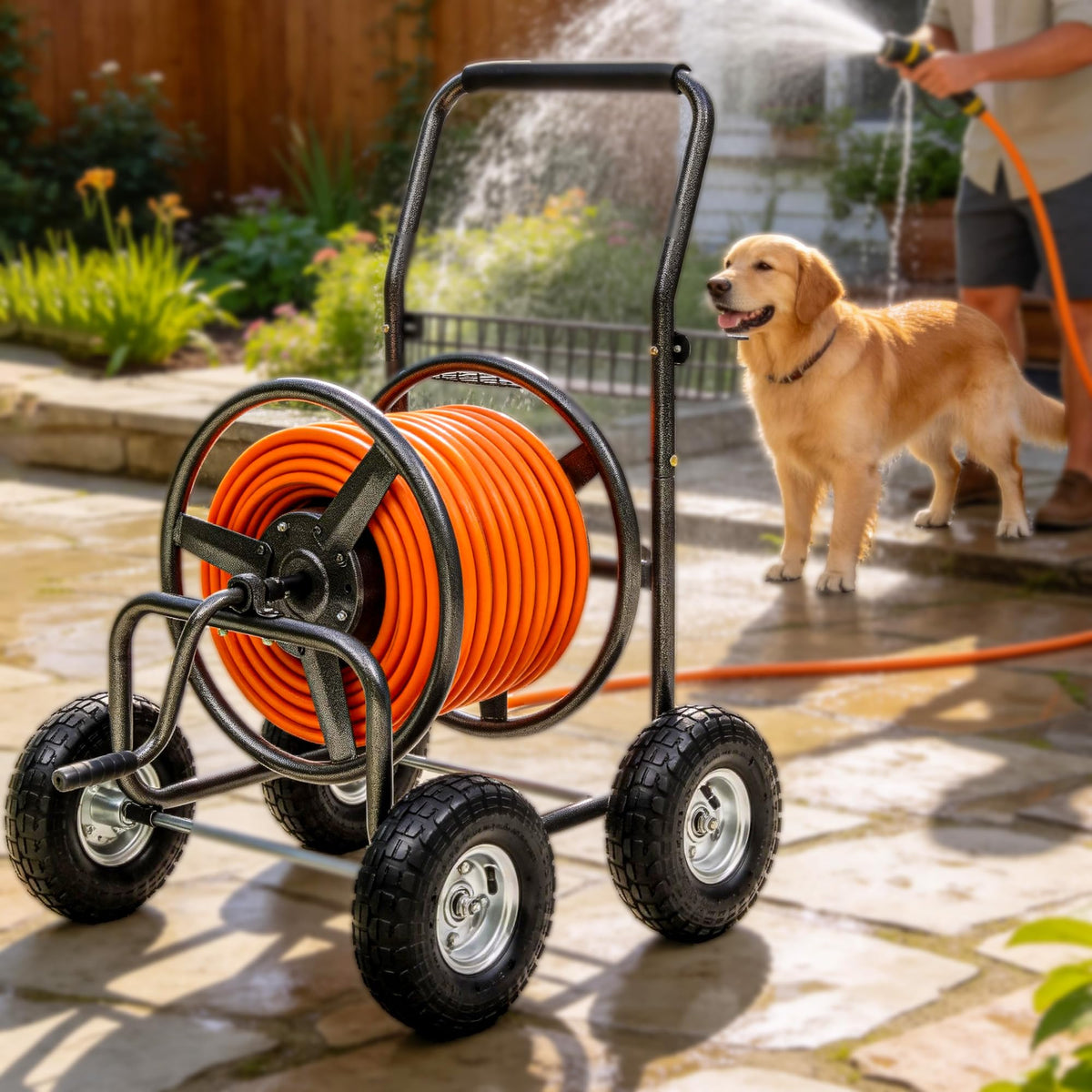 Autodaya hose reel cart dimensions indicating ample hose storage space