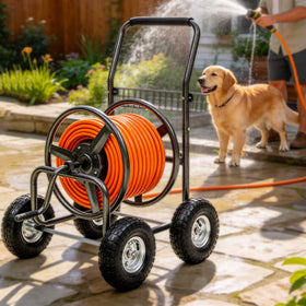 Autodaya hose reel cart dimensions indicating ample hose storage space