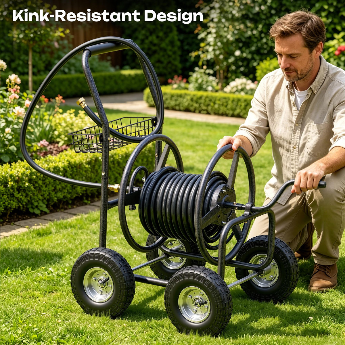 Autodaya hose reel cart metal basket for extra garden tool storage
