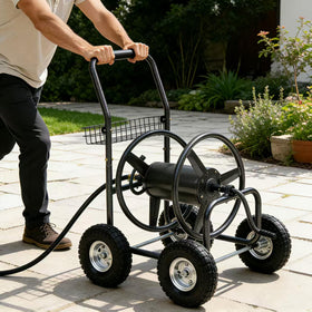 Autodaya hose reel cart powder-coated steel frame highlighting durability