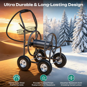Autodaya hose reel cart moving across lawn and gravel to show versatility