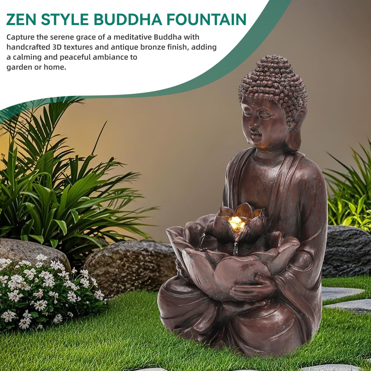 Autodaya polyresin durable Buddha fountain withstands outdoor conditions.