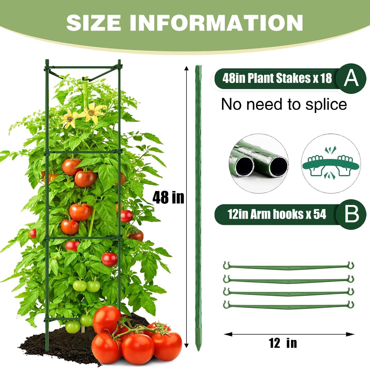 AUTOHAOL 48-inch tomato stakes setup shown around tomato plants for upright support.