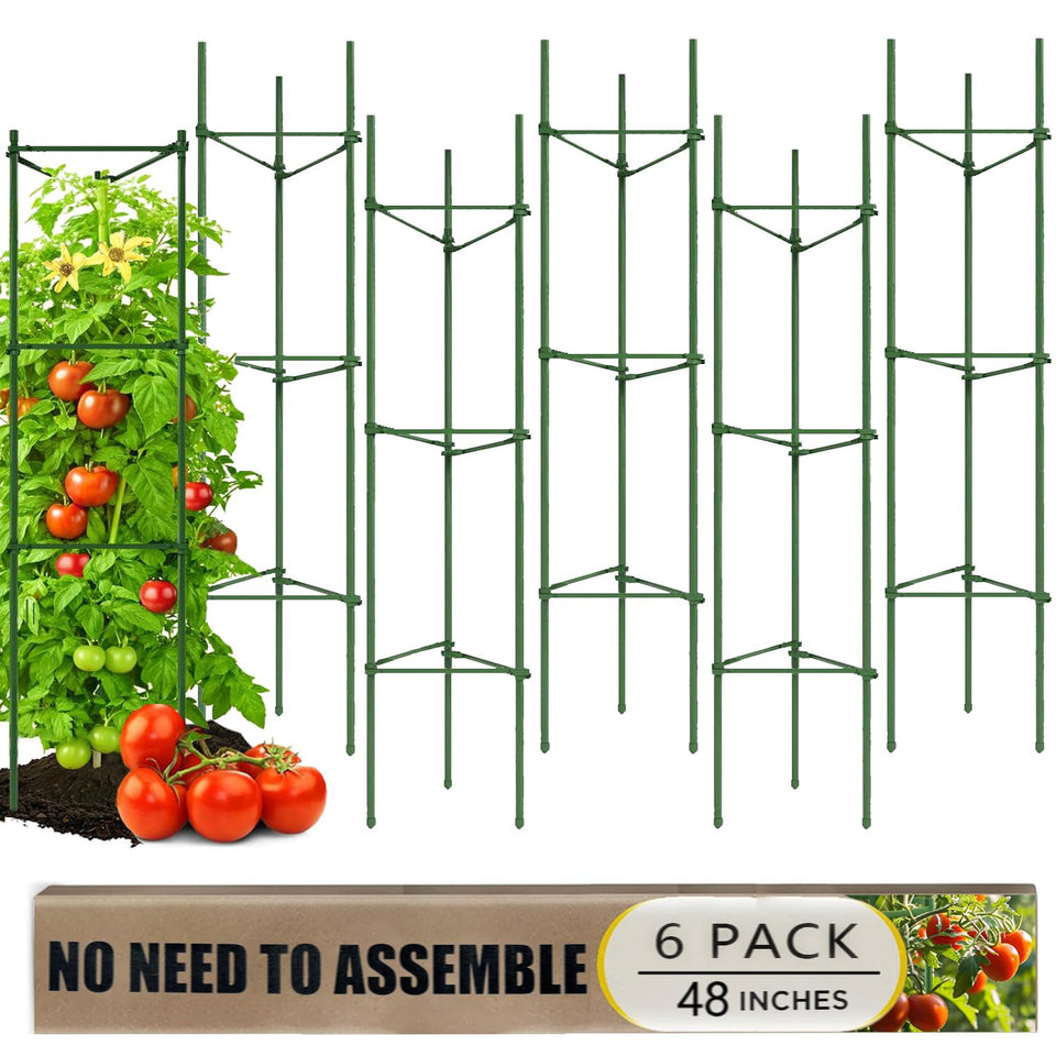 AUTOHAOL 6-pack tomato cage set with 48-inch stakes supporting vertical garden growth.