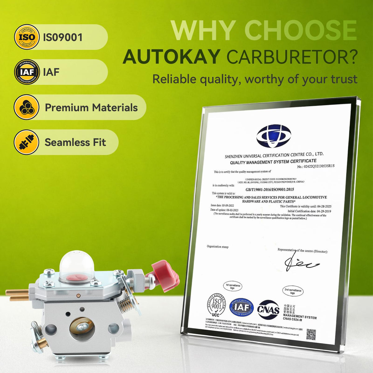 AUTOKAY carb kit includes carburetor, gaskets, lines, filter, primer bulb, tool.