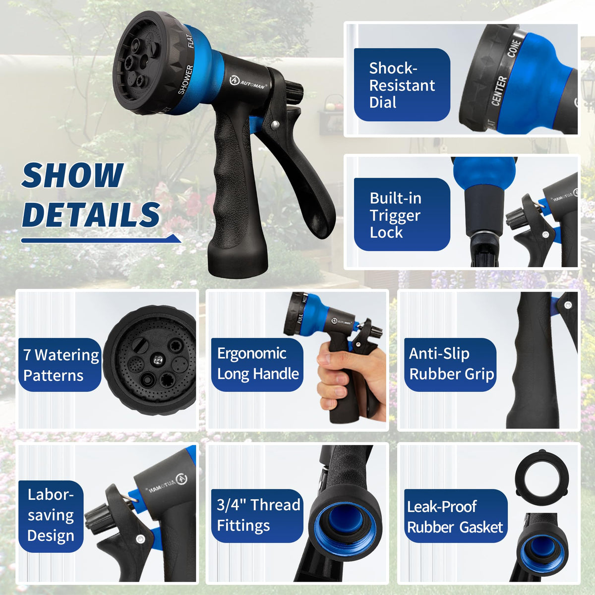 AUTOMAN nozzle made with ABS+TPR for durable, lightweight handling.