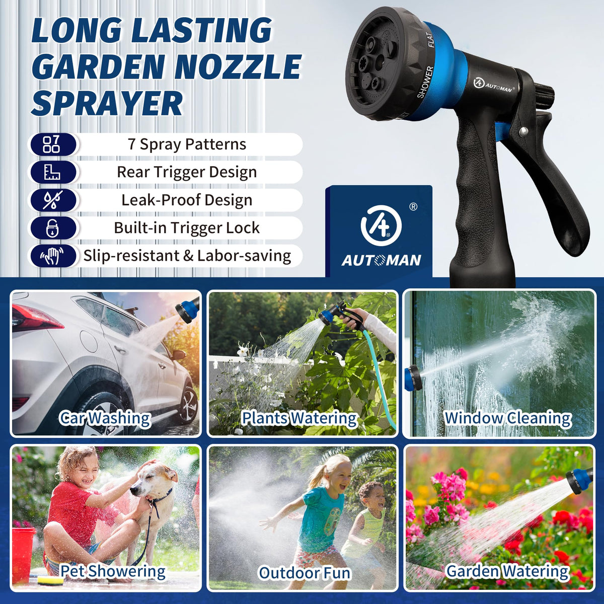 AUTOMAN nozzle supports car washing and pet shower tasks with adjustable spray.