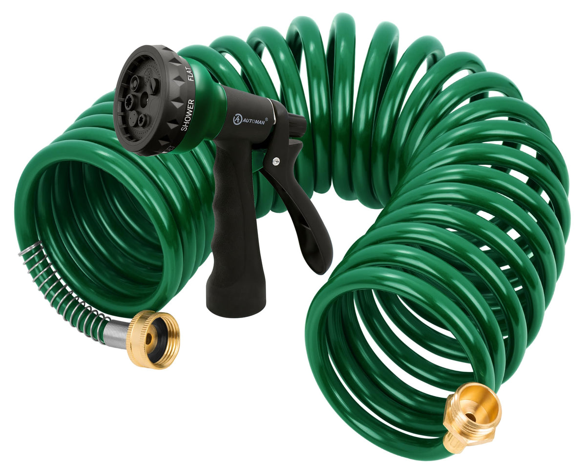 AUTOMAN coil hose extended to 25 feet for flexible watering.