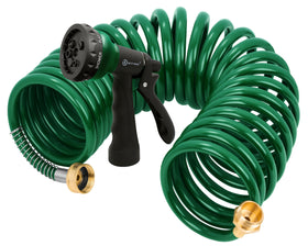 AUTOMAN coil hose extended to 25 feet for flexible watering.