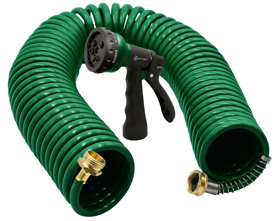AUTOMAN coil garden hose extended view showing full reach for watering and cleaning tasks