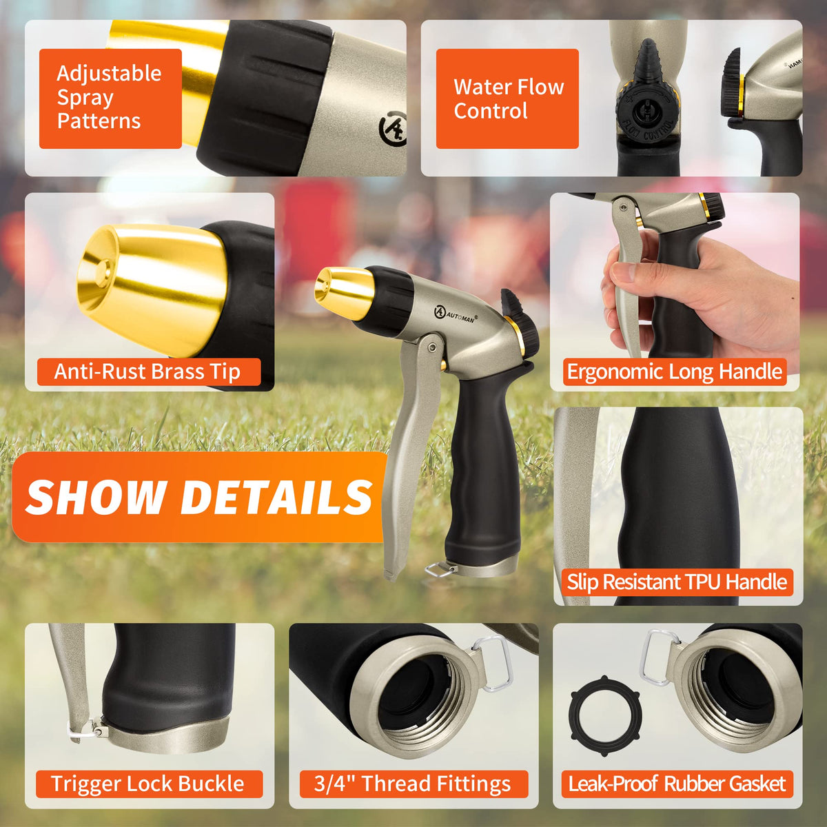 AUTOMAN garden nozzle ergonomic lever reduces hand fatigue during long use.