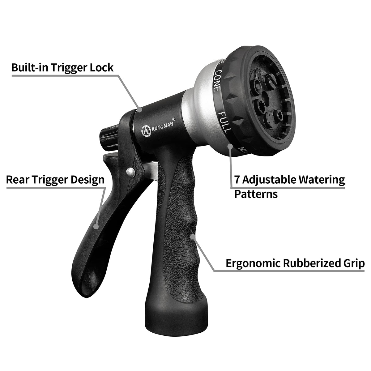 AUTOMAN ergonomic pistol grip provides comfortable, slip-resistant handling during long watering sessions.