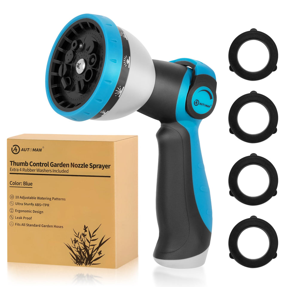 AUTOMAN Garden Hose Nozzle showing 10 patterns for versatile watering tasks