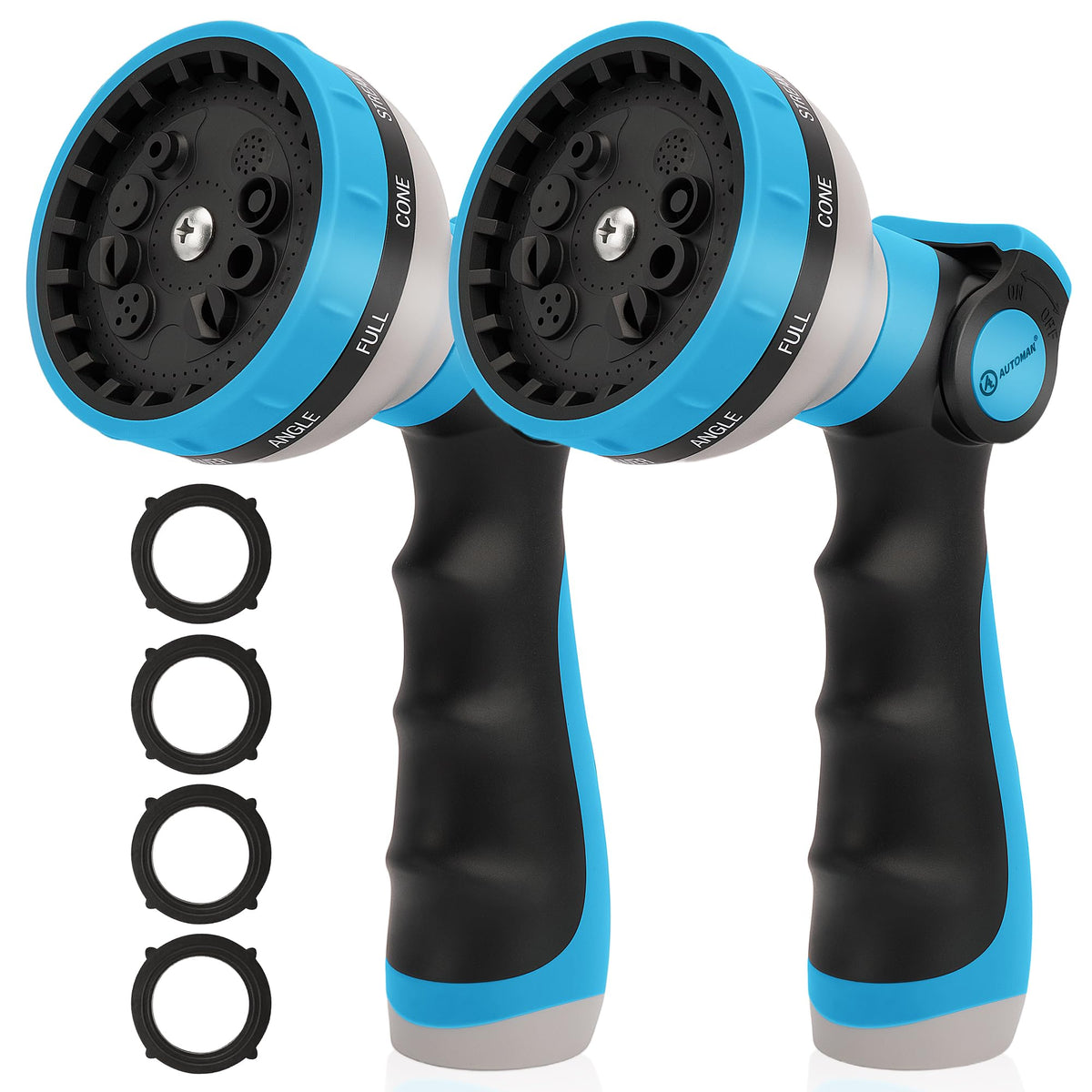 AUTOMAN garden hose nozzle with 10 spray patterns for versatile watering.