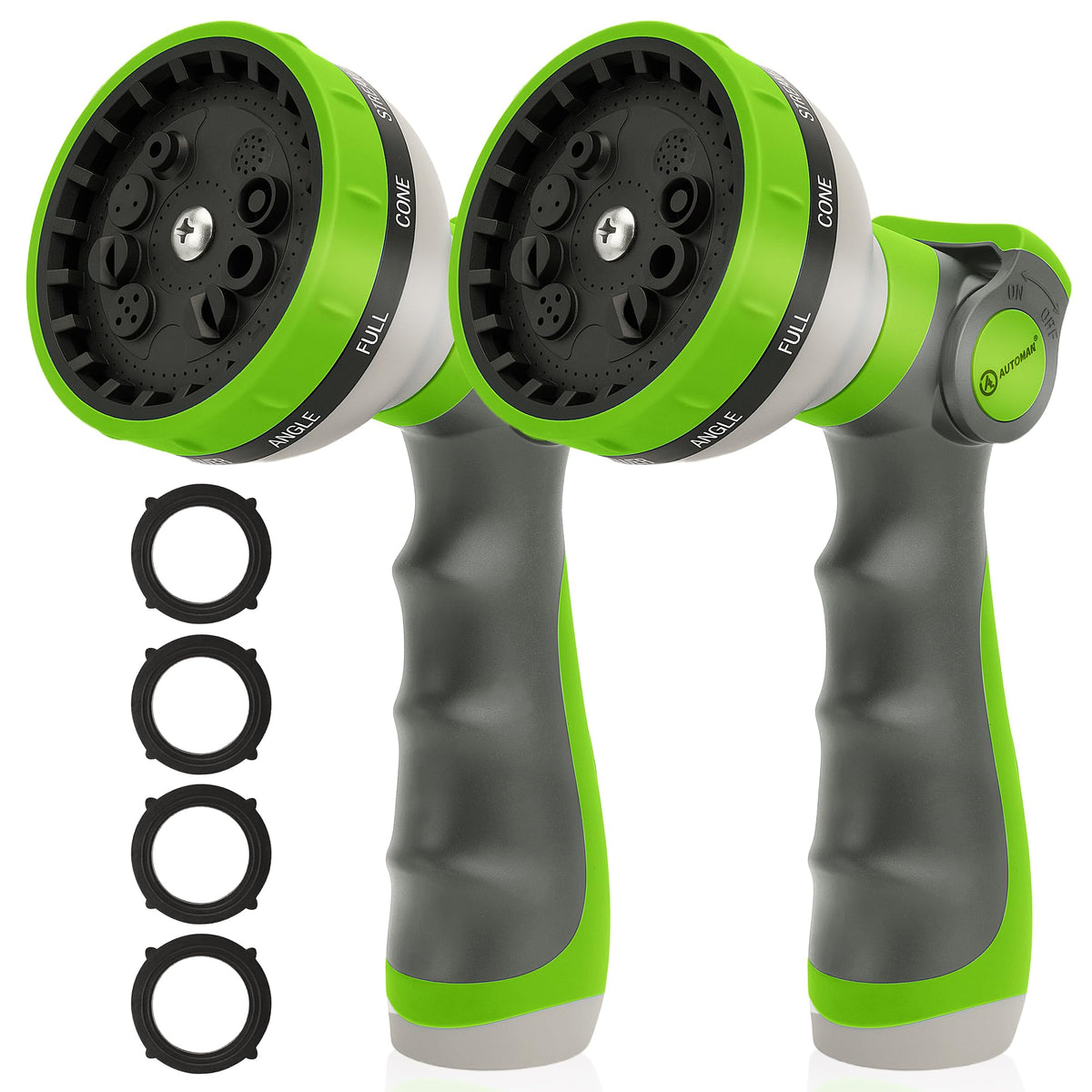 AUTOMAN garden hose nozzle with 10 spray patterns for versatile watering.