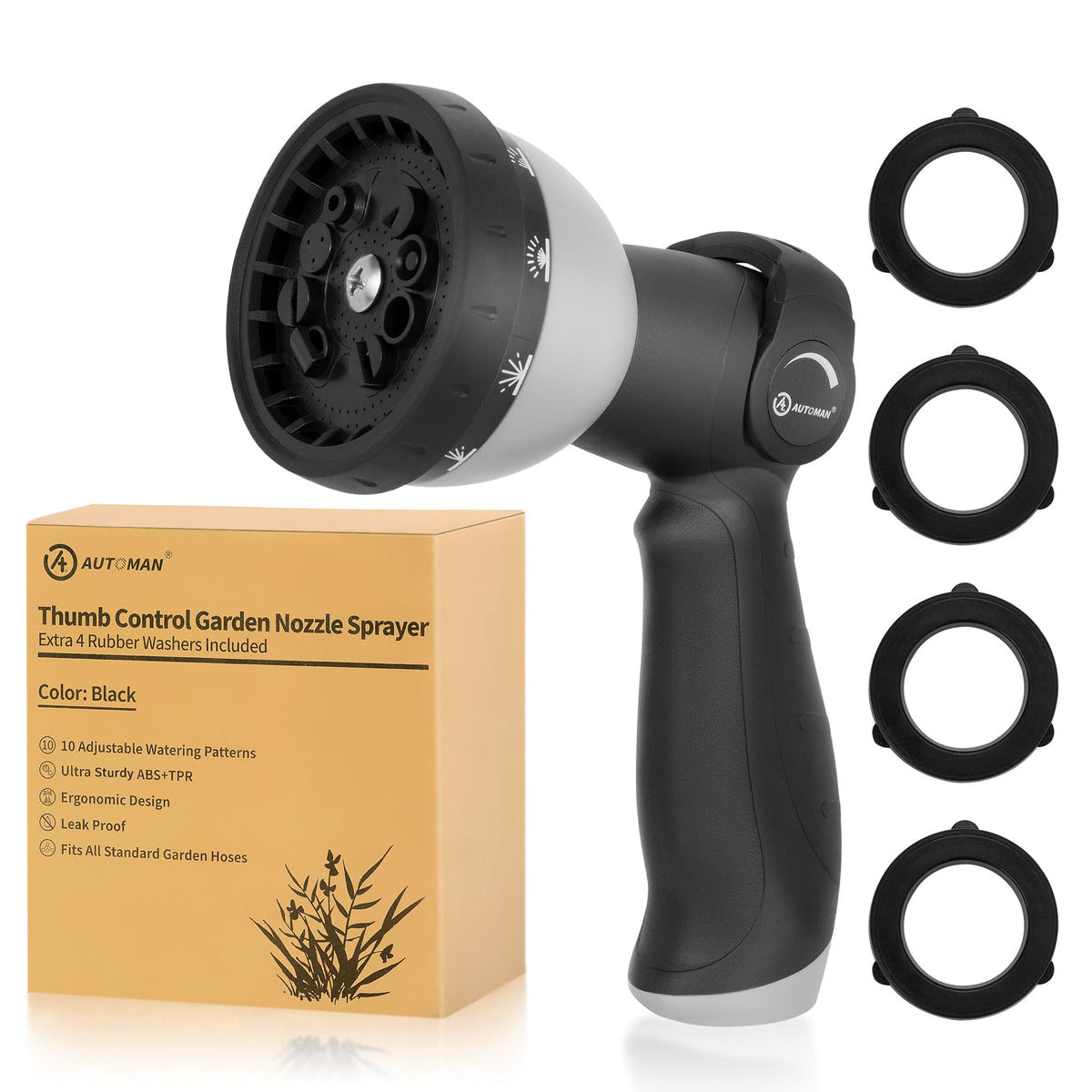 AUTOMAN garden hose nozzle with 10 patterns for versatile watering tasks