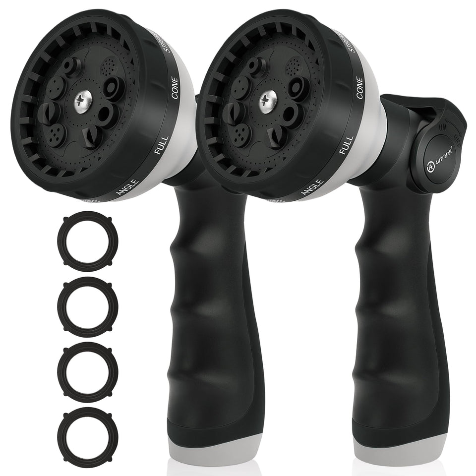 AUTOMAN garden hose nozzle with 10 spray patterns for versatile watering