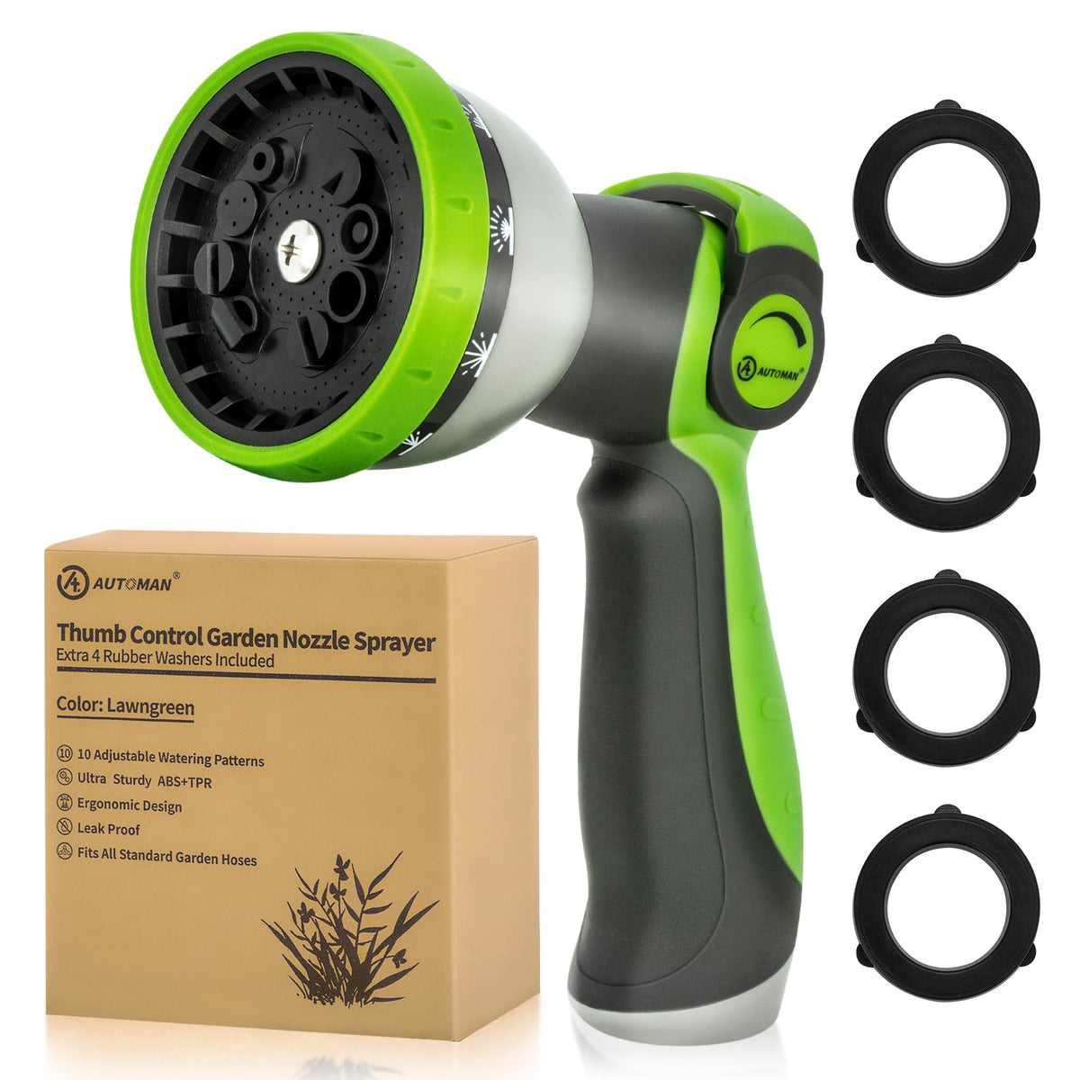 AUTOMAN garden hose nozzle with 10 spray patterns for versatile watering and cleaning tasks.