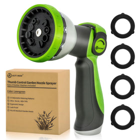 AUTOMAN garden hose nozzle with 10 spray patterns for versatile watering and cleaning tasks.