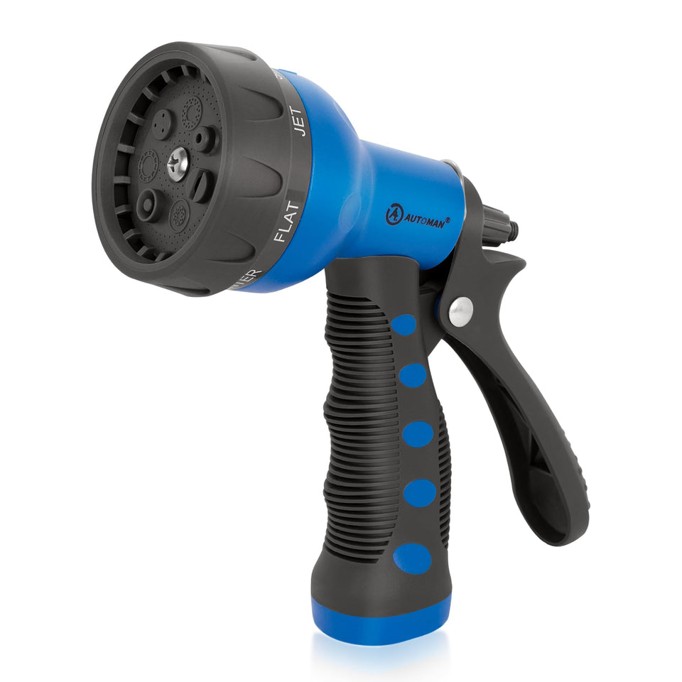 AUTOMAN garden hose nozzle with seven adjustable patterns for versatile watering.