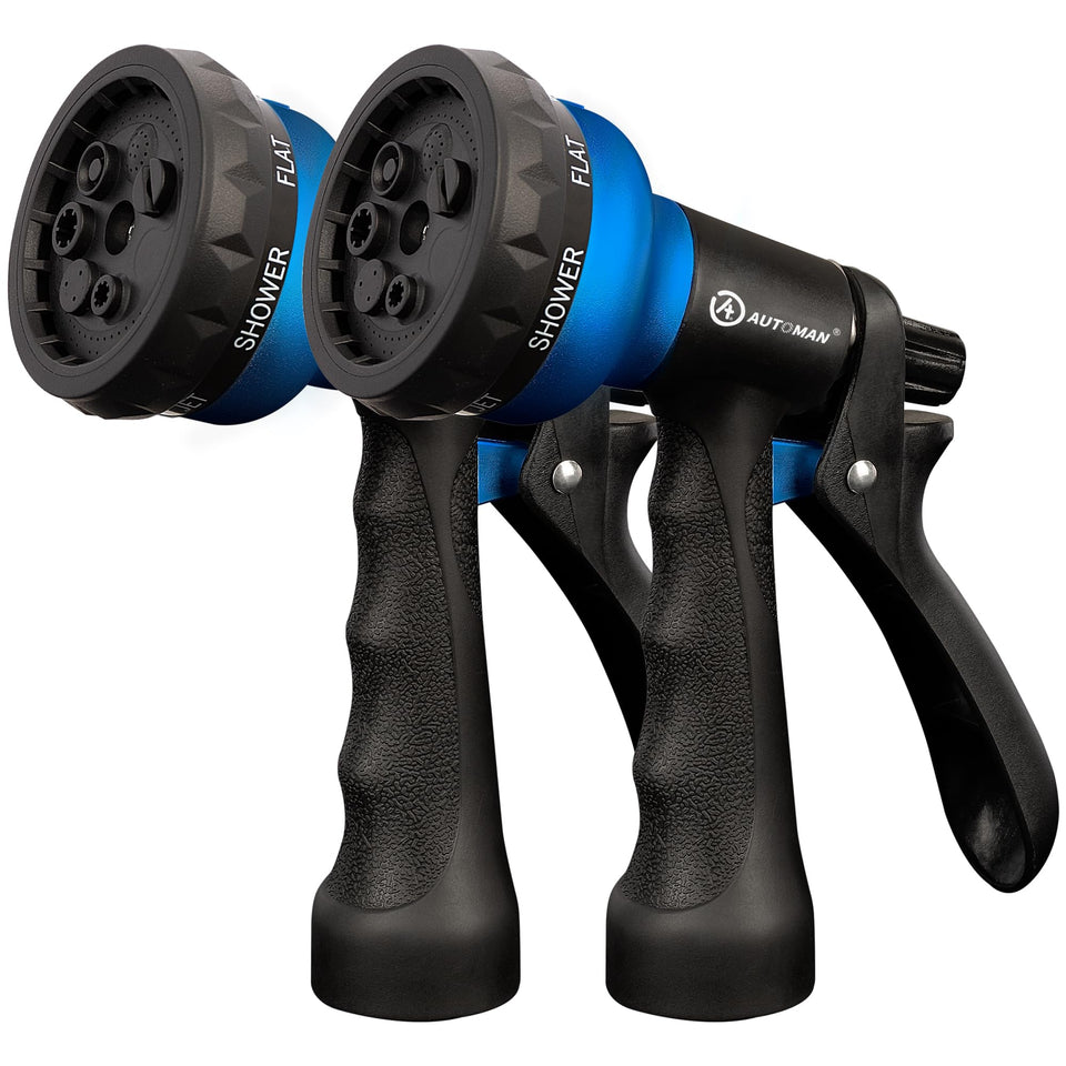 AUTOMAN garden hose nozzle with seven adjustable patterns for versatile watering tasks.