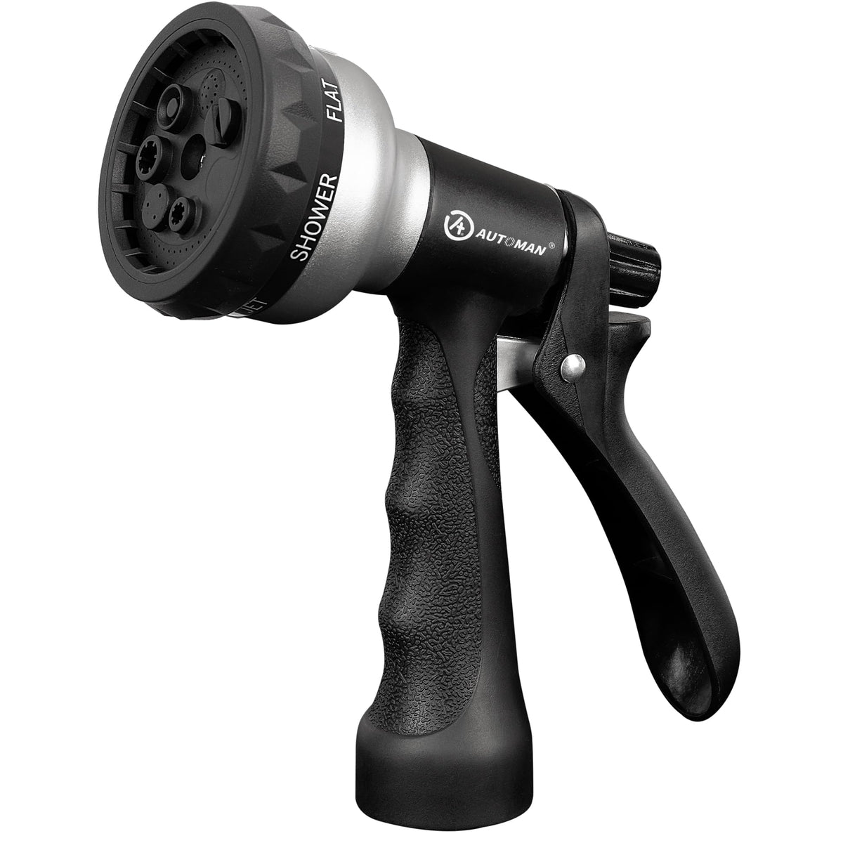 AUTOMAN garden hose nozzle showing seven adjustable patterns for versatile watering.