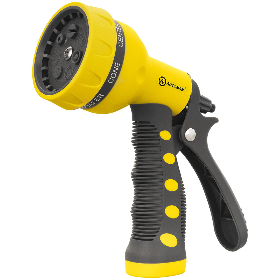 AUTOMAN Garden Hose Nozzle showing seven adjustable patterns for versatile watering
