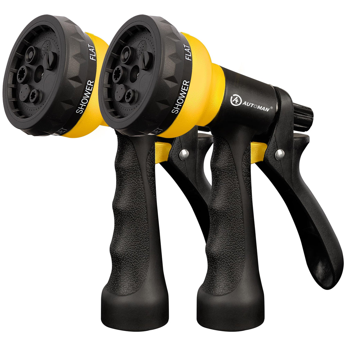 AUTOMAN garden hose nozzle with seven patterns for versatile watering.