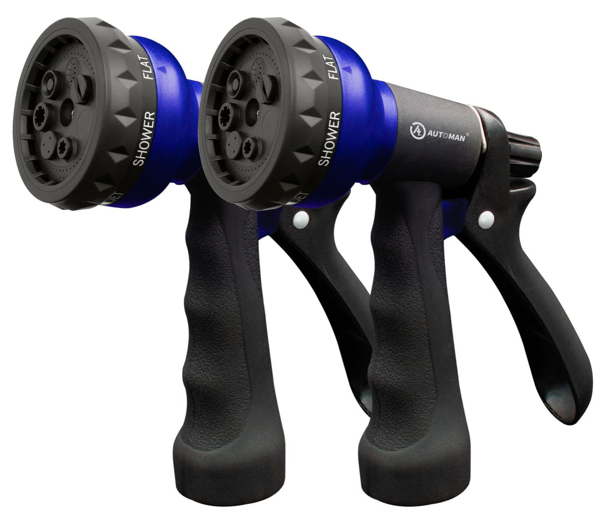 AUTOMAN garden hose nozzle showing seven adjustable patterns for versatile watering.