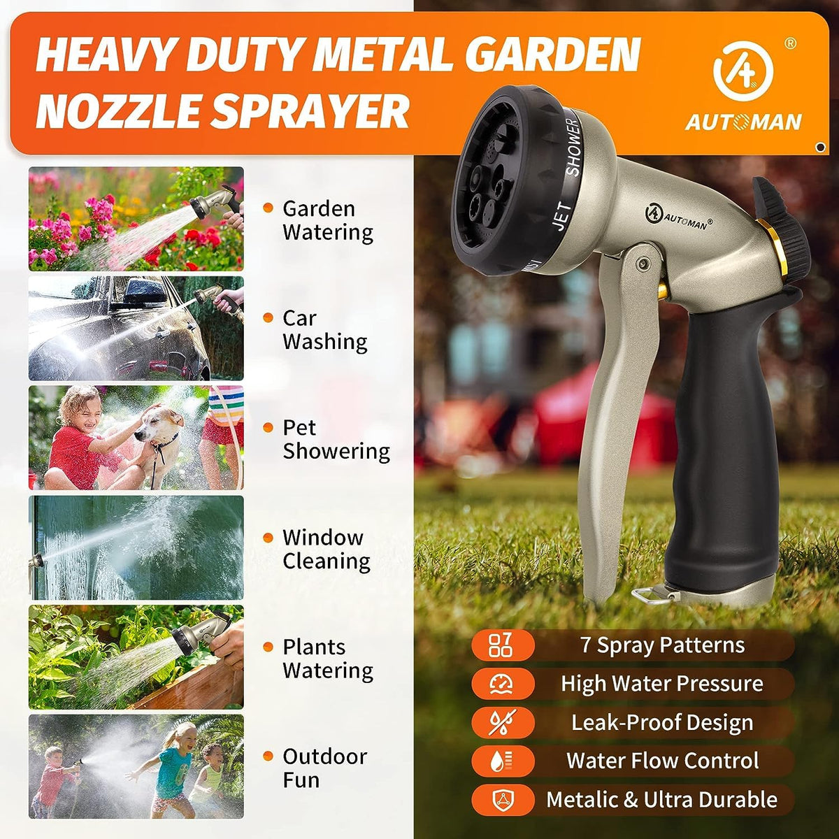 AUTOMAN garden hose nozzle center pattern targets edges for precise cleaning.