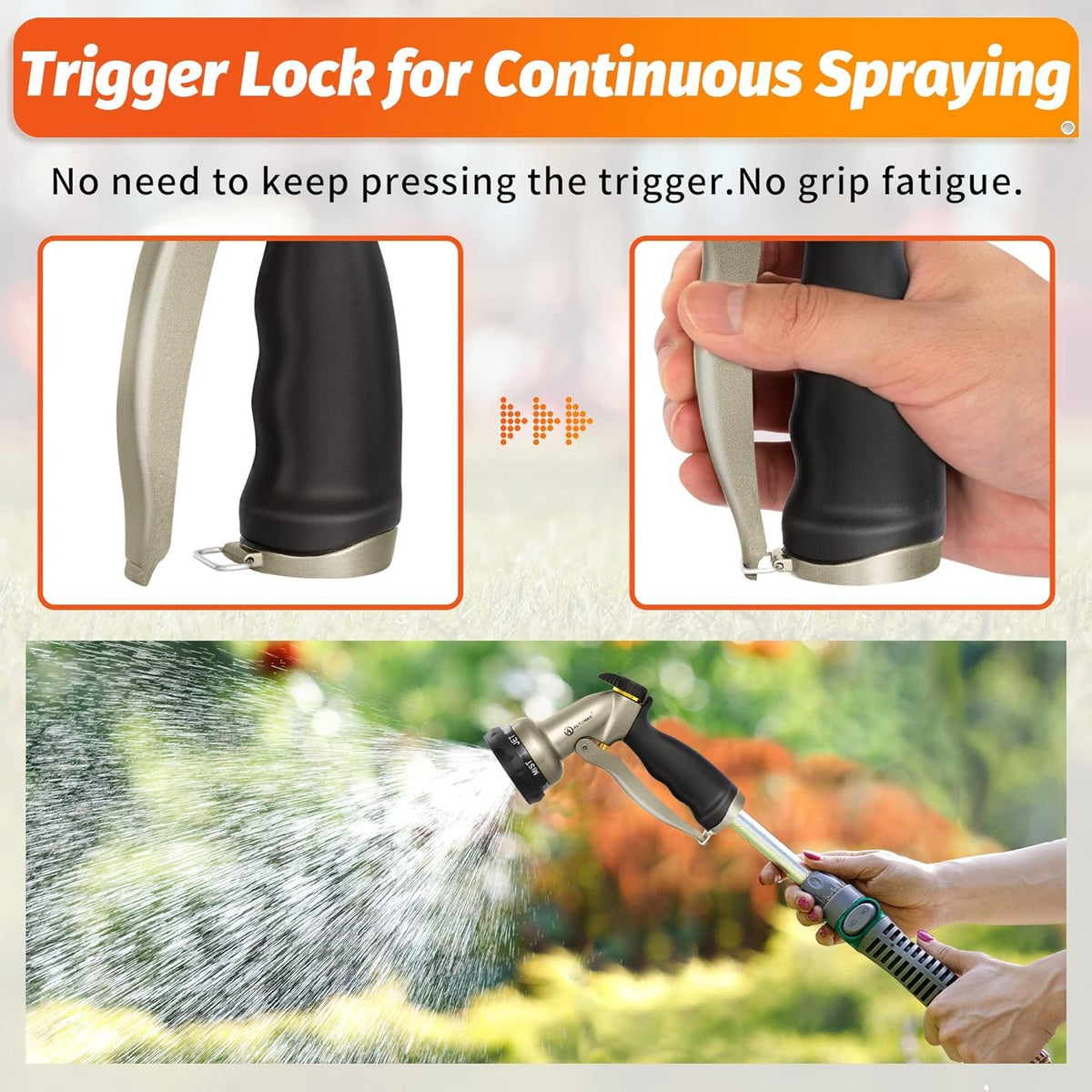 AUTOMAN garden hose nozzle flat pattern covers a wide area for lawn washing.
