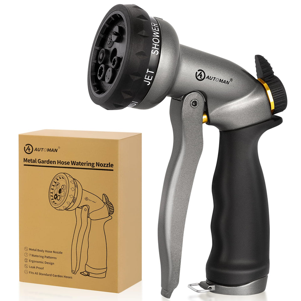 AUTOMAN garden hose nozzle with all-metal construction for durable outdoor watering.