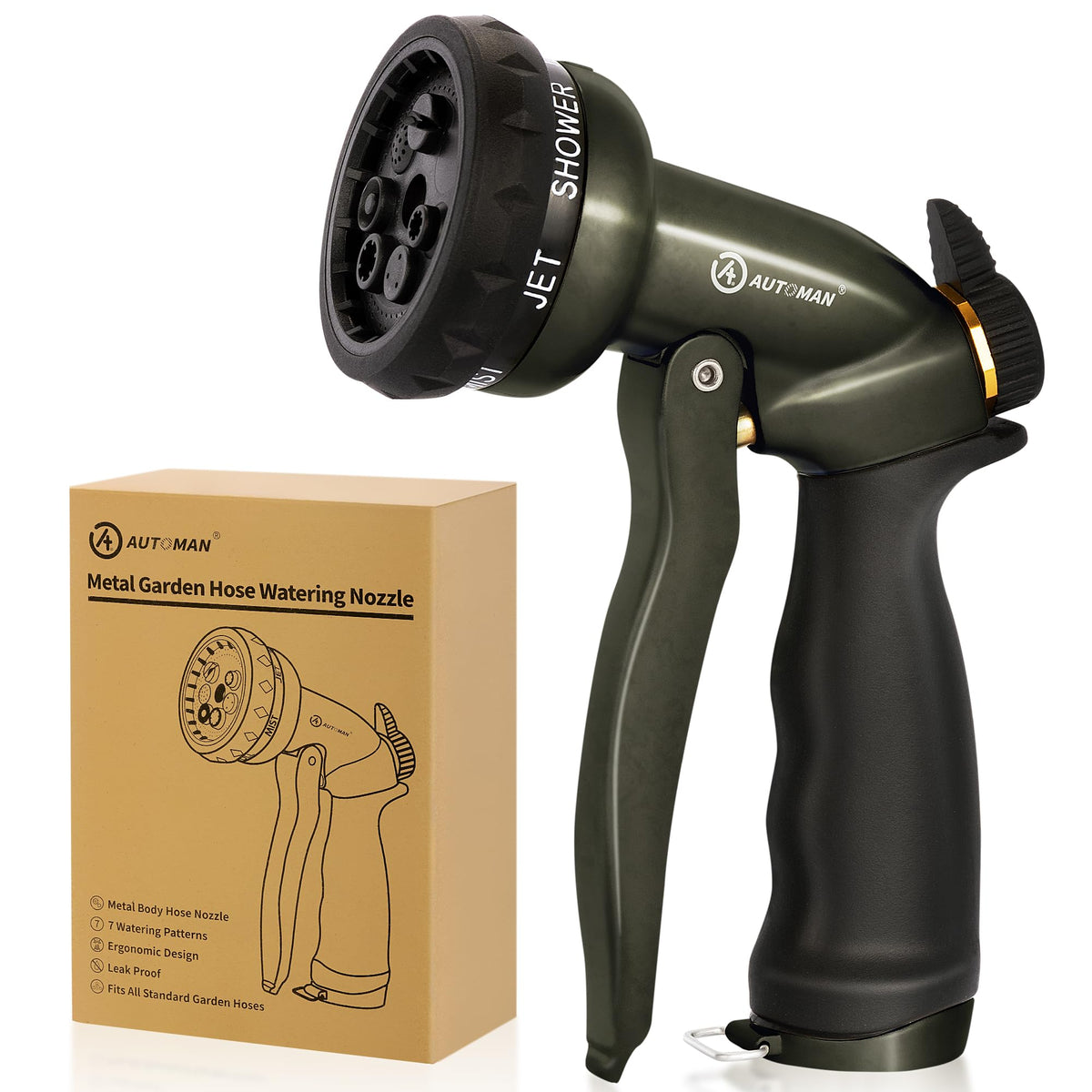 AUTOMAN garden hose nozzle with sturdy metal construction for durable outdoor use.