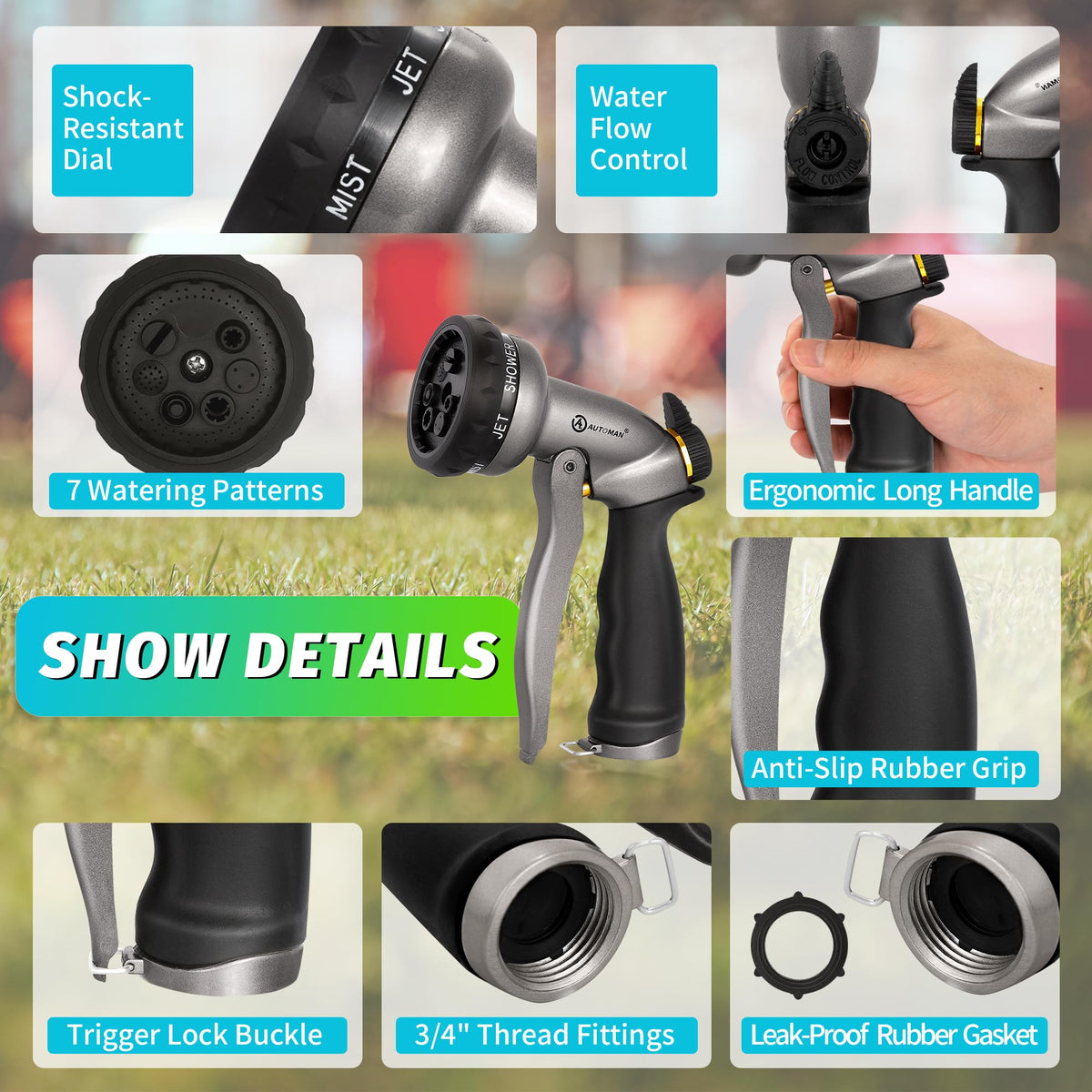 AUTOMAN nozzle displaying seven spray patterns for versatile garden tasks.