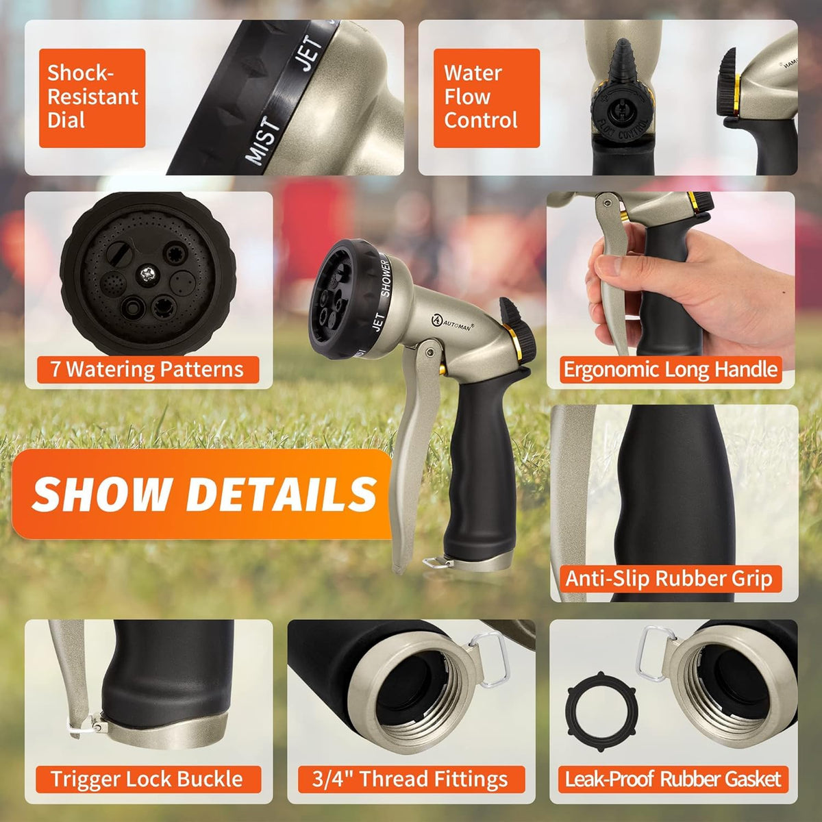 AUTOMAN garden hose nozzle shower pattern provides gentle watering for plants.