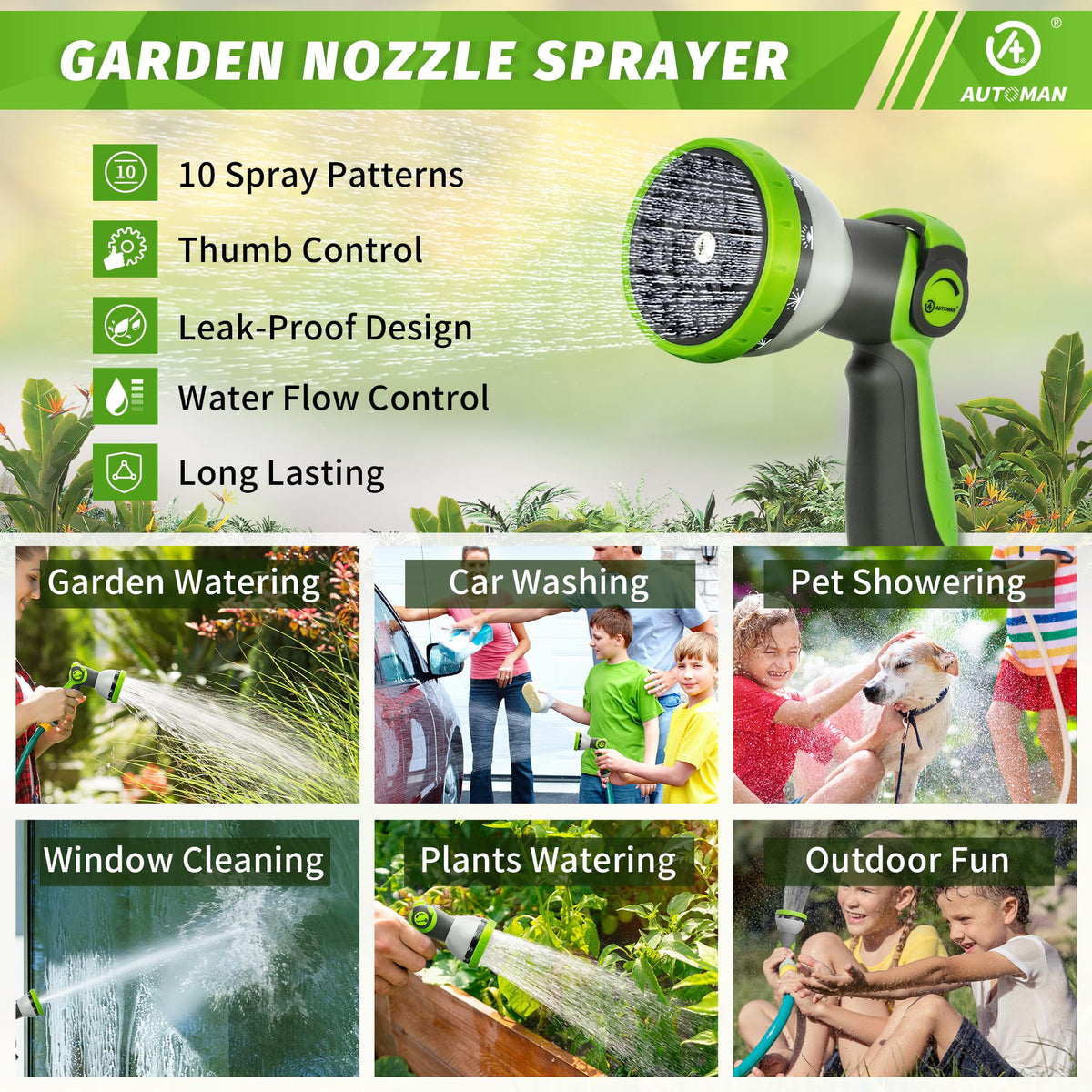 AUTOMAN slip-resistant handle ensures comfortable grip during long watering sessions
