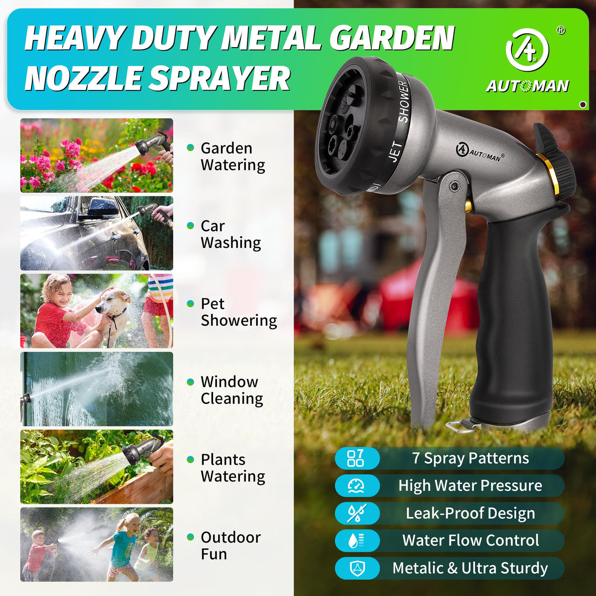 AUTOMAN soft shower mode gently waters delicate plants and flower beds.