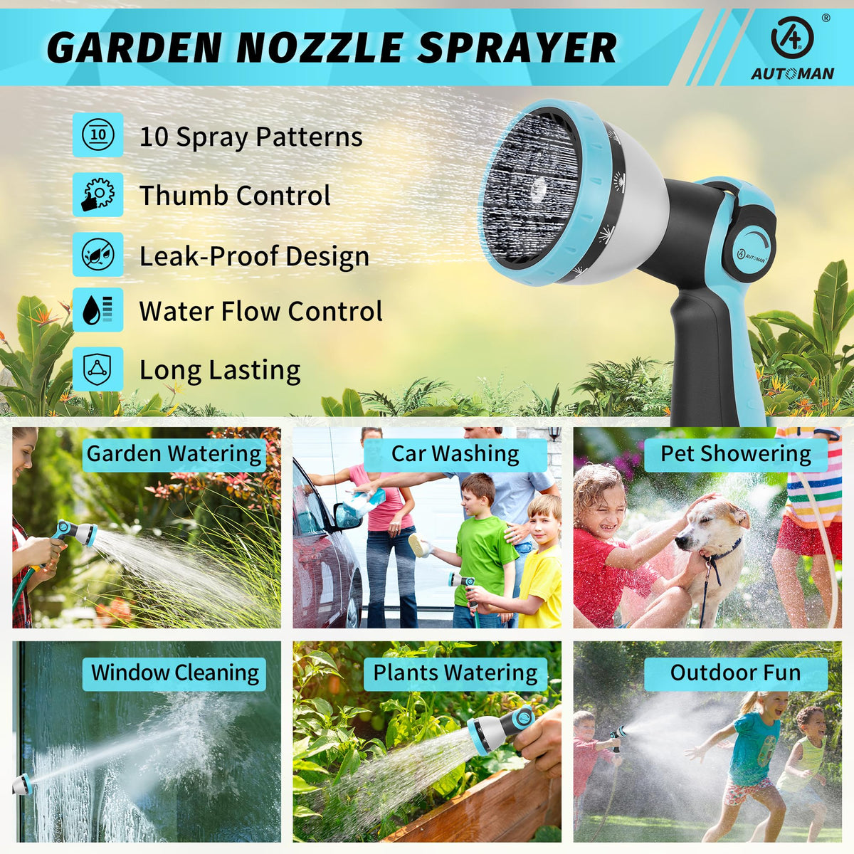 AUTOMAN garden hose nozzle sprayer offers ten patterns for versatile tasks