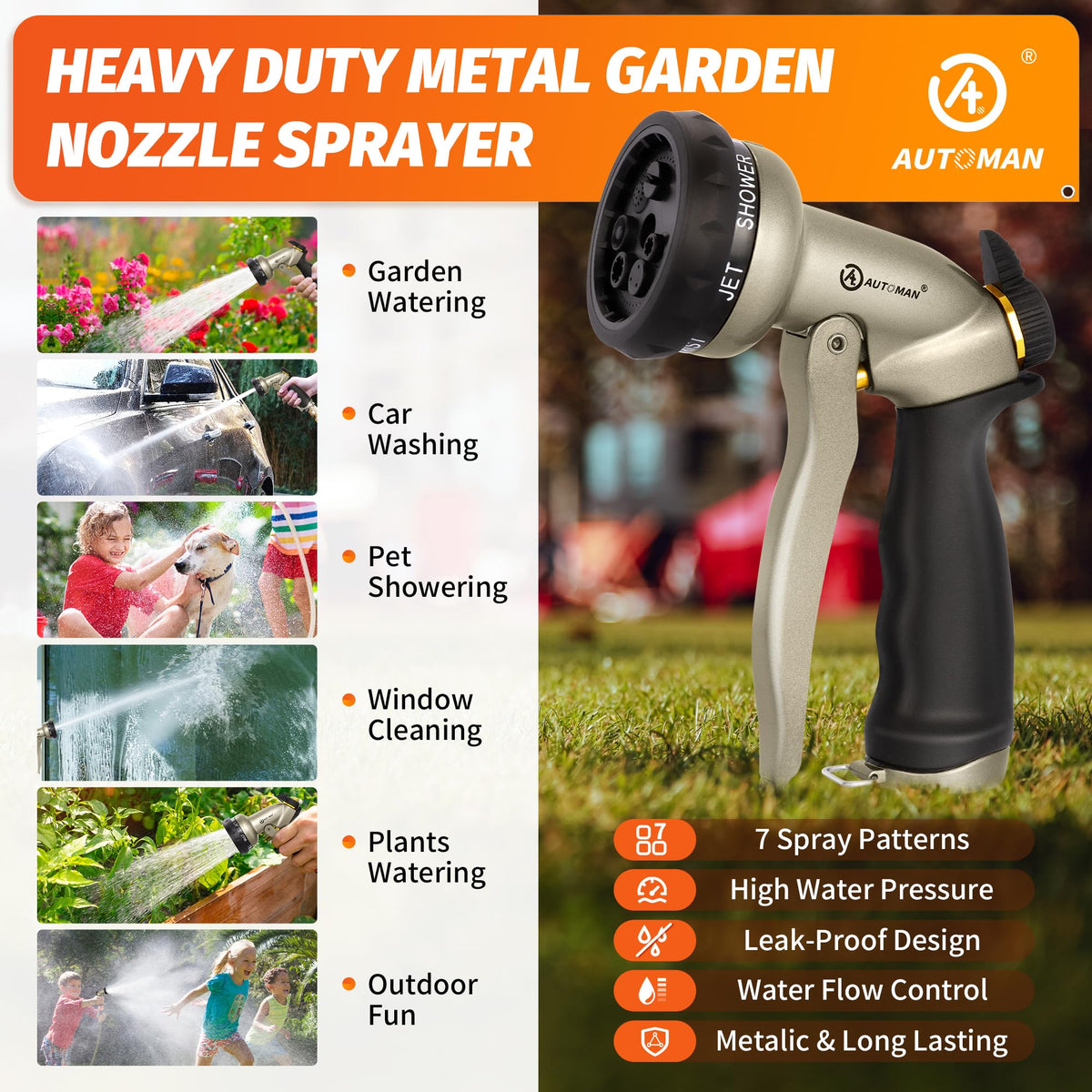 AUTOMAN garden hose nozzle wide-application for watering and cleaning
