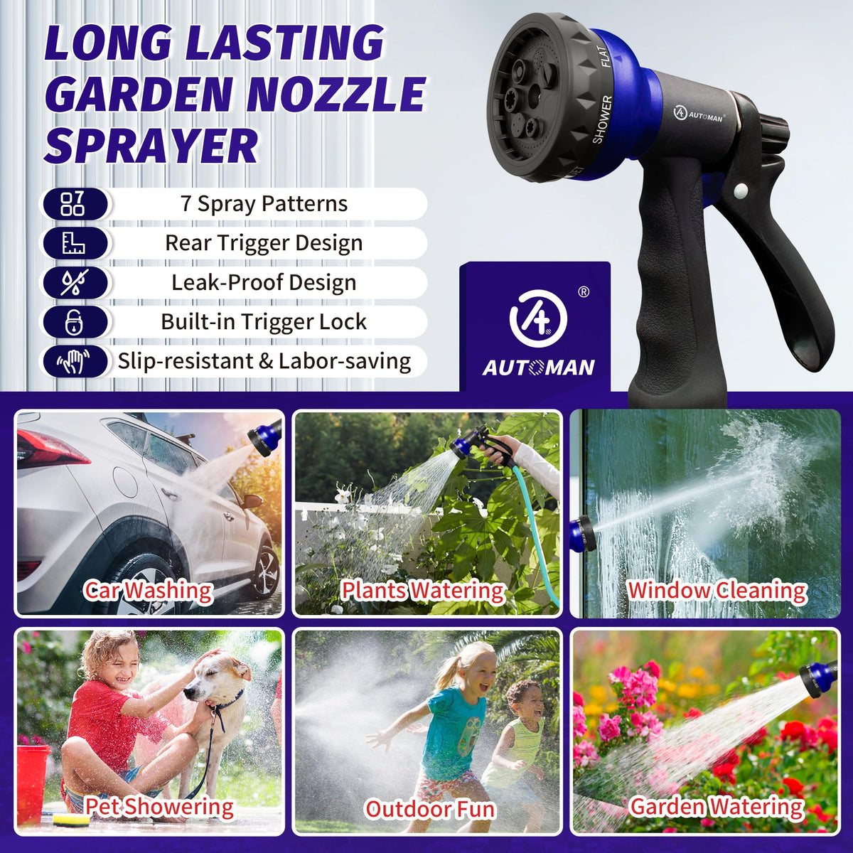 AUTOMAN garden nozzle ideal for plants, cars, windows, and outdoor cleaning.
