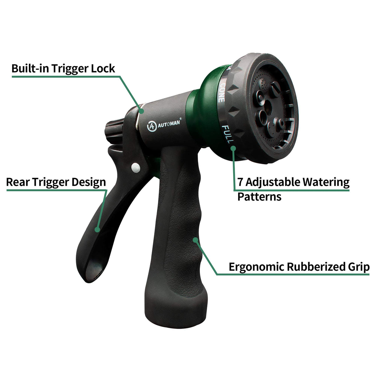 AUTOMAN slip-resistant grip provides comfortable control during long watering sessions