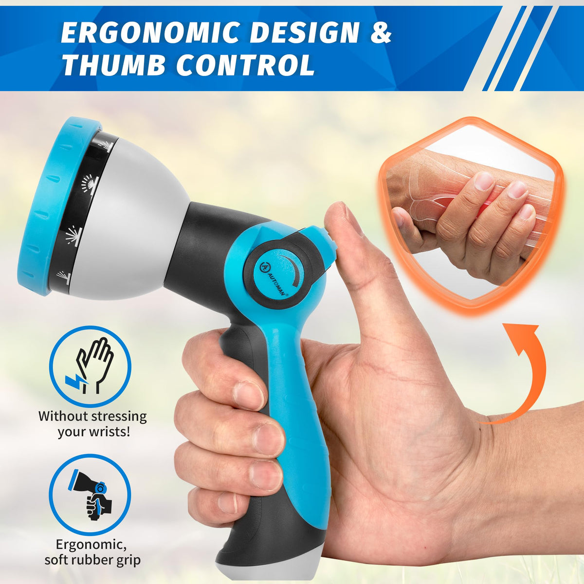 AUTOMAN nozzle delivering high-pressure jet and soft shower settings