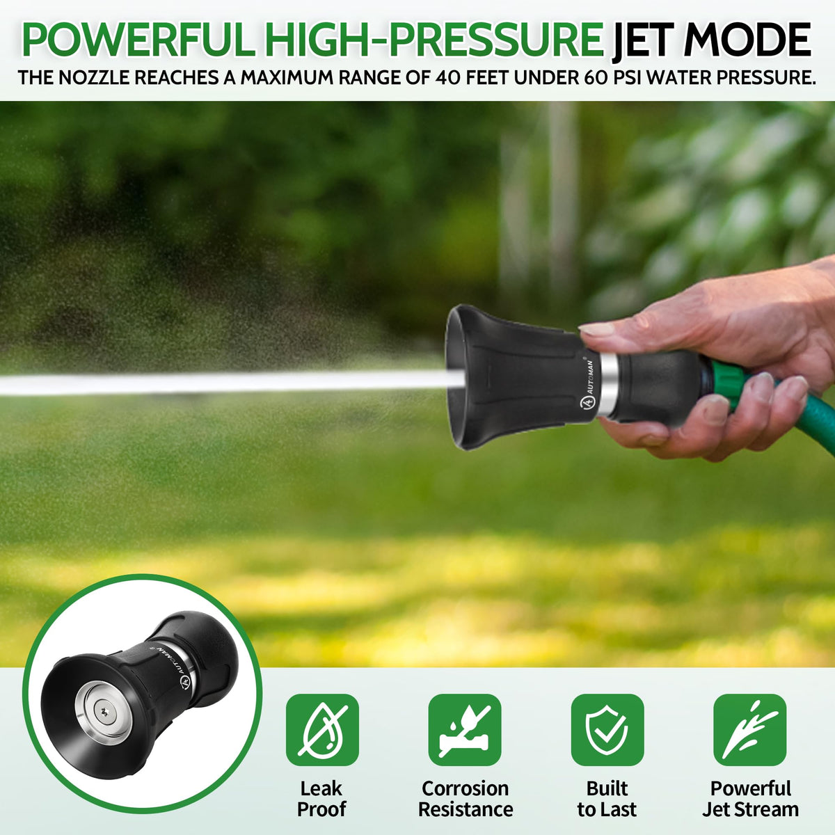 AUTOMAN hose nozzle built to reduce leaks and waste with rubber washers.