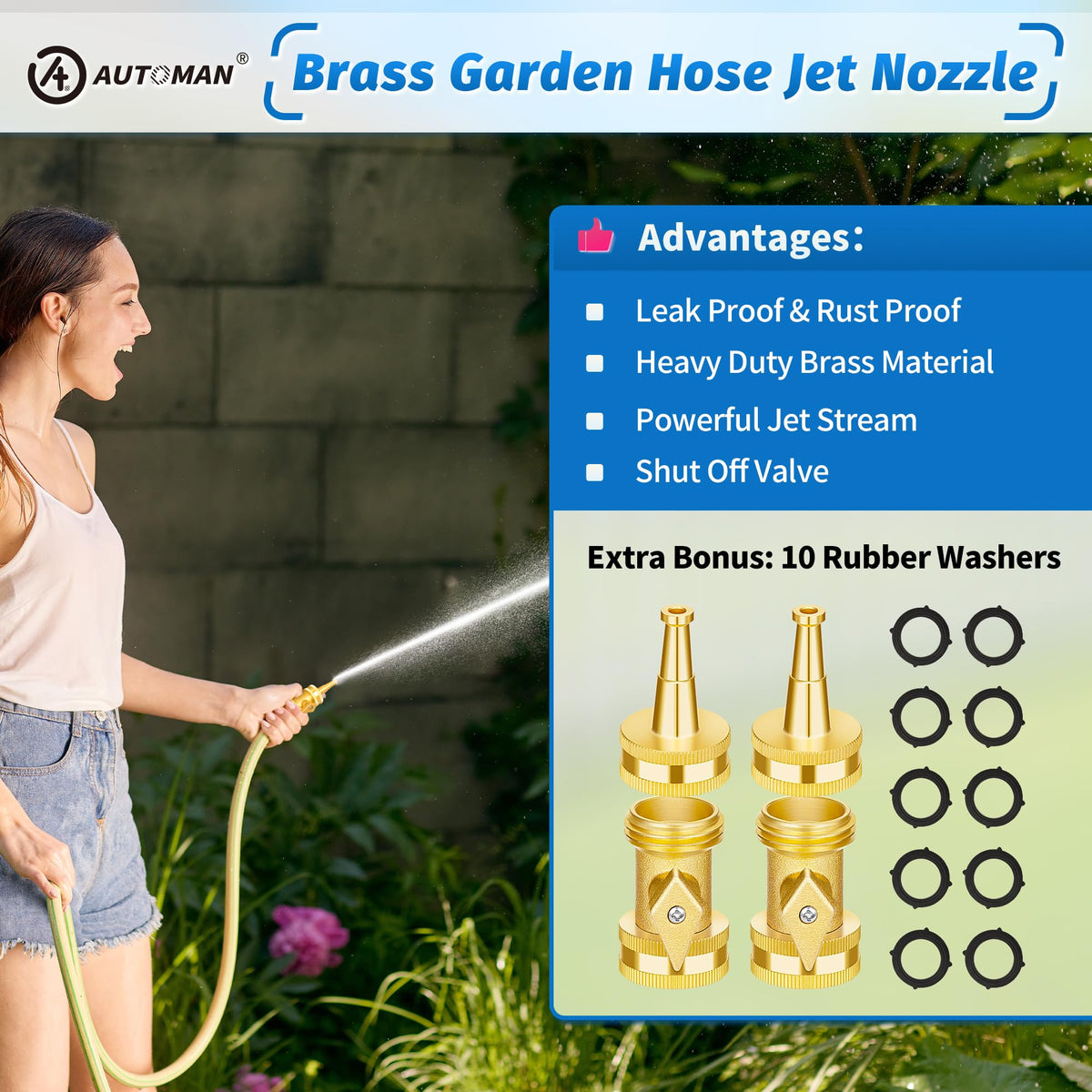AUTOMAN leak-proof connection with 3/4 inch GHT threads fits standard hoses.