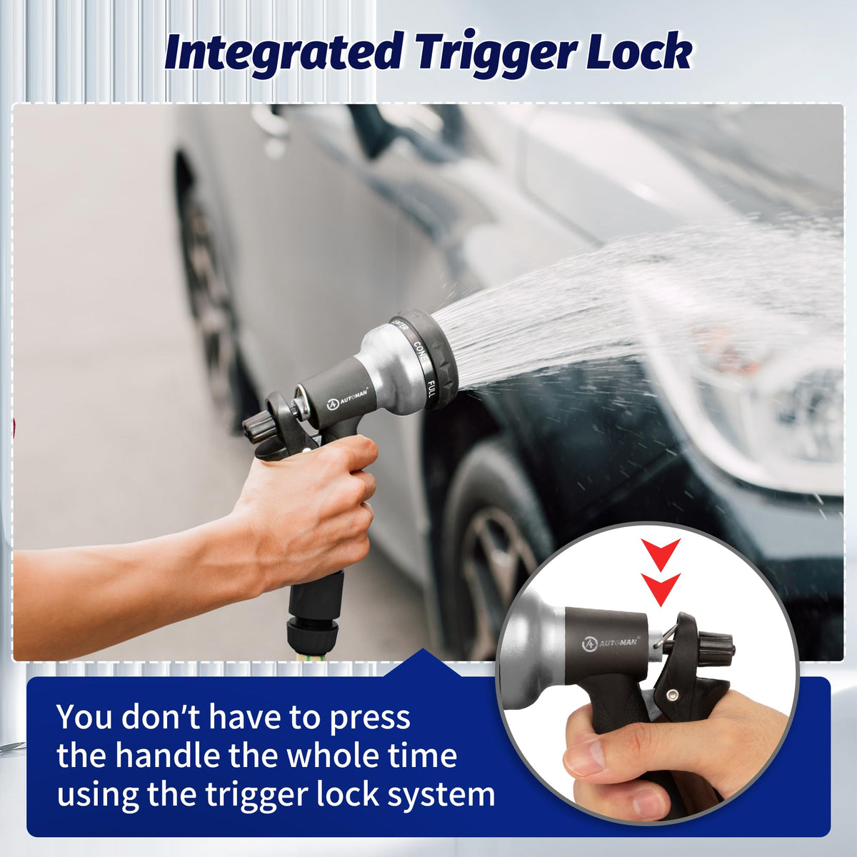 AUTOMAN lock-bar nozzle enabling continuous spray without hand strain