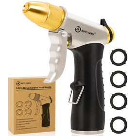 AUTOMAN metal hose nozzle front view highlights its robust build for easy watering.